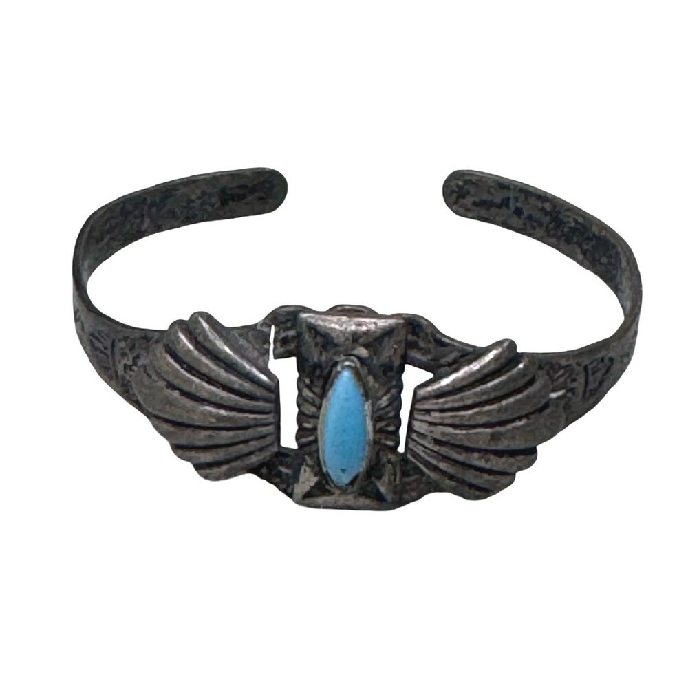 Vintage Navajo Child Sterling Silver Turquoise Cuff Bracelet Engraved Feather